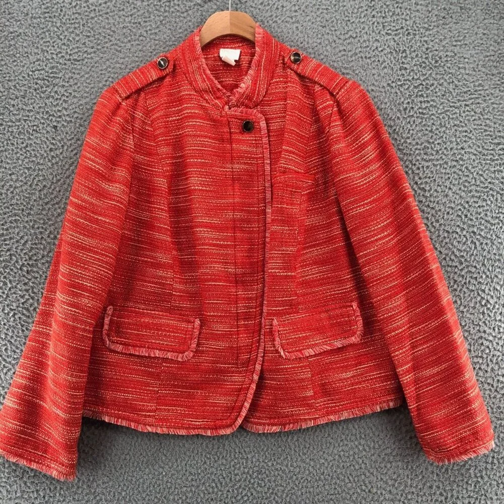 Chicos Blazer Womens 2 US 12 Orange Fringe Zip Up Pockets Office Work Outerwear - Picture 1 of 10